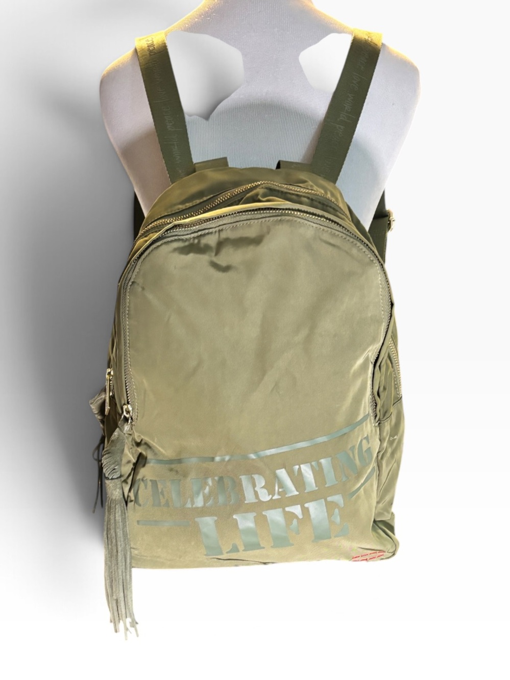 Peace Love Olive Green Women's Backpack with Fringe